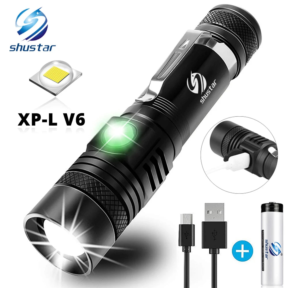 Ultra Bright LED Flashlight With XP-L V6 LED lamp beads Waterproof Torch Zoomable 4 lighting modes Multi-function USB charging