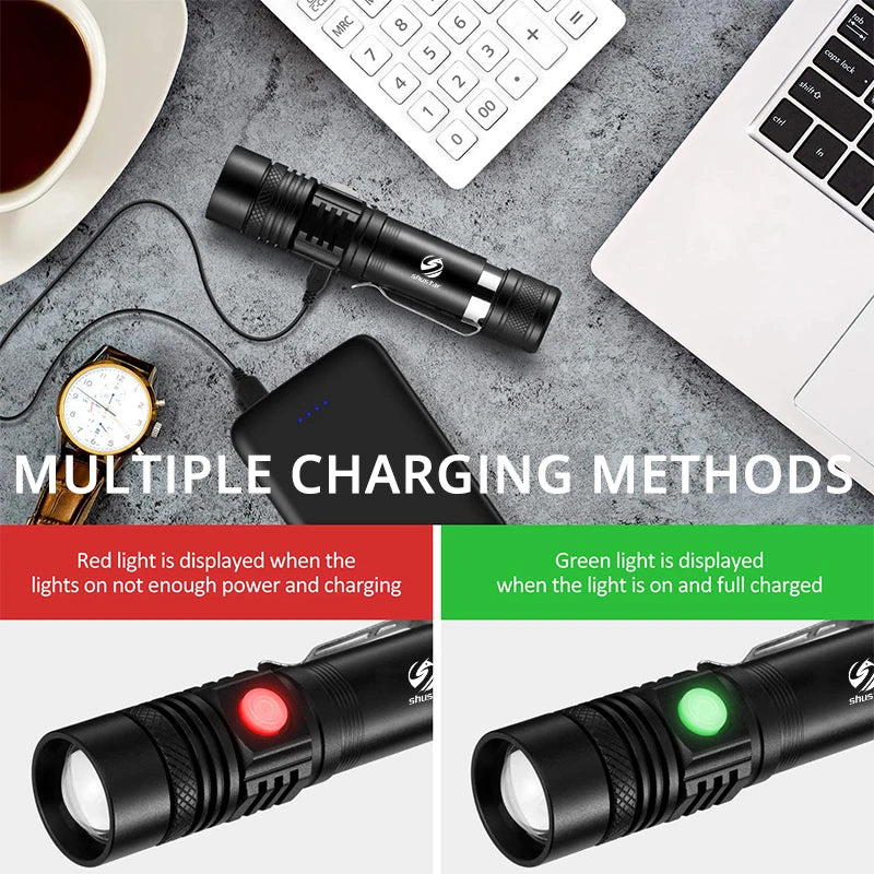 Ultra Bright LED Flashlight With XP-L V6 LED lamp beads Waterproof Torch Zoomable 4 lighting modes Multi-function USB charging