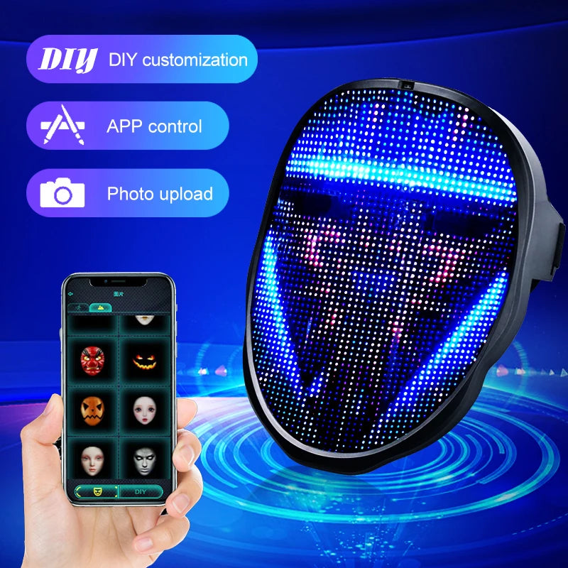 Led Cosplay Mask with Programmable Lighted Face Transforming Mask Rechargeable App Controlled Prop Hallowee Party Bluetooth Mask